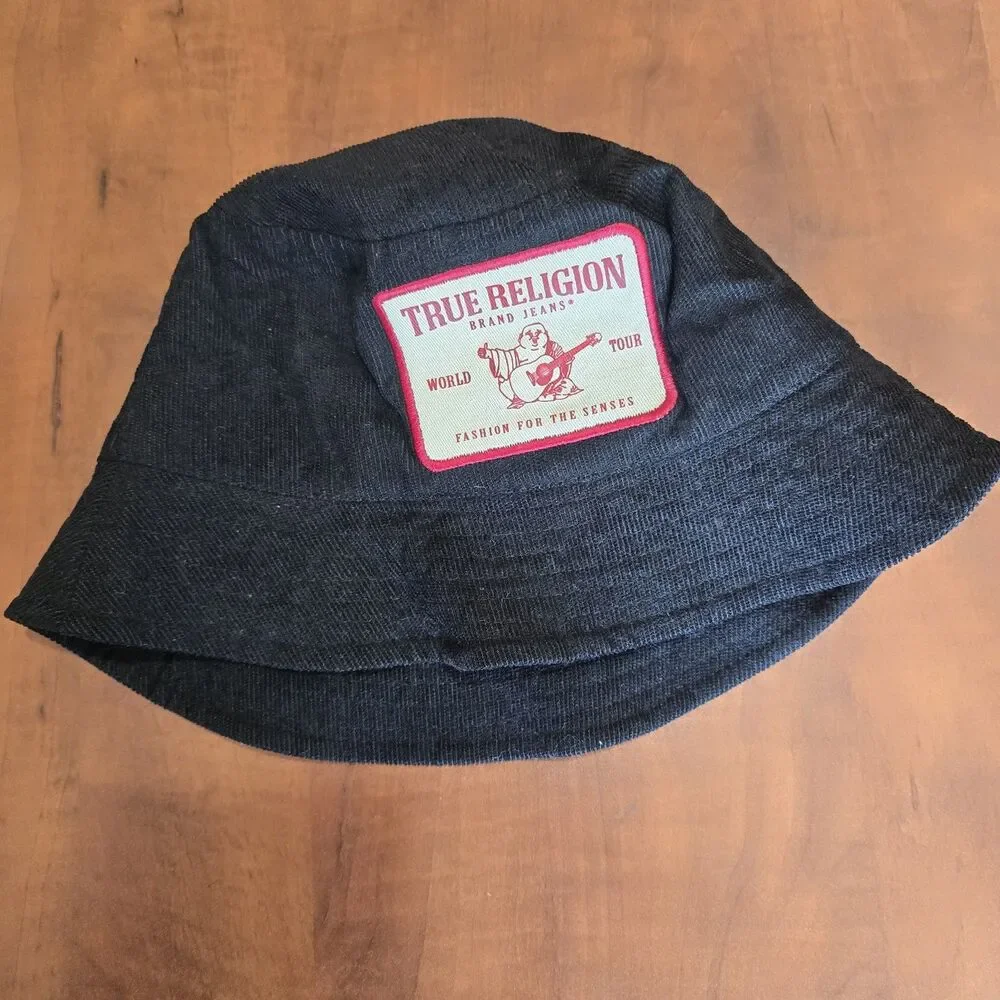 True Religion Black Corduroy Buddha Patch Logo Bucket Hat OSFM